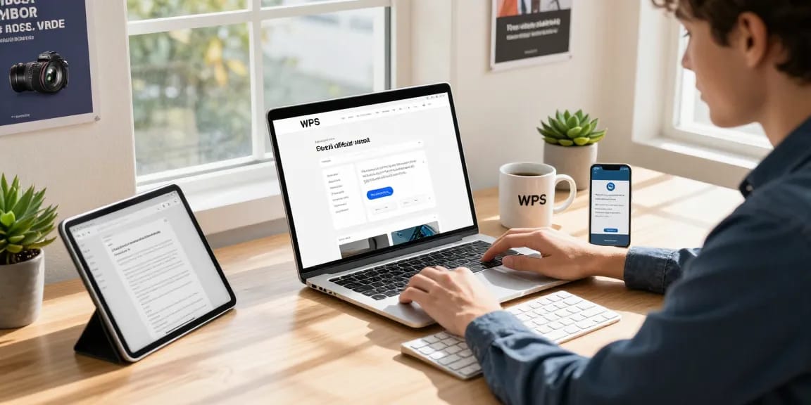 User interacting with the WPS Official Website on a modern laptop in a bright workspace, emphasizing productivity and collaboration.