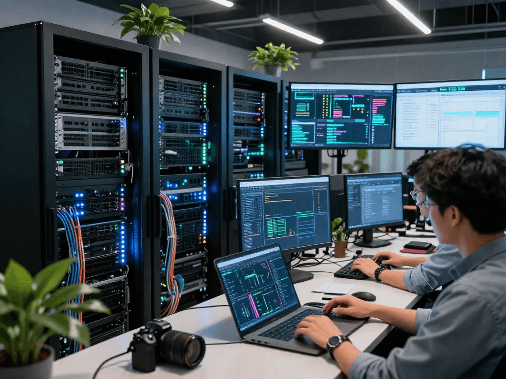 High-performance rokok88 server infrastructure in a modern data center, with engineers monitoring stability metrics.