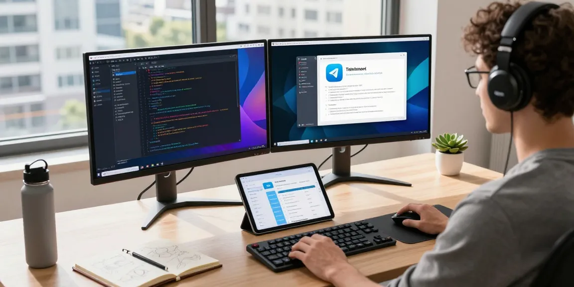 Dynamic software development setup featuring the Telegram Web Version on monitors, showcasing a modern workspace as a developer codes.