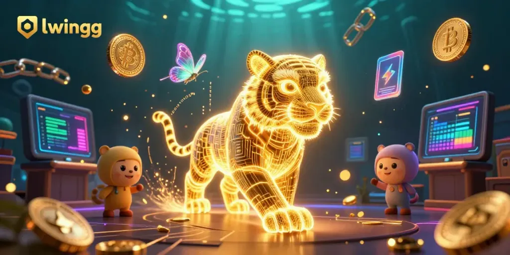 Engage with the dynamic digital casino landscape of llwingg, showcasing vibrant 3D characters amid neon crypto coins.