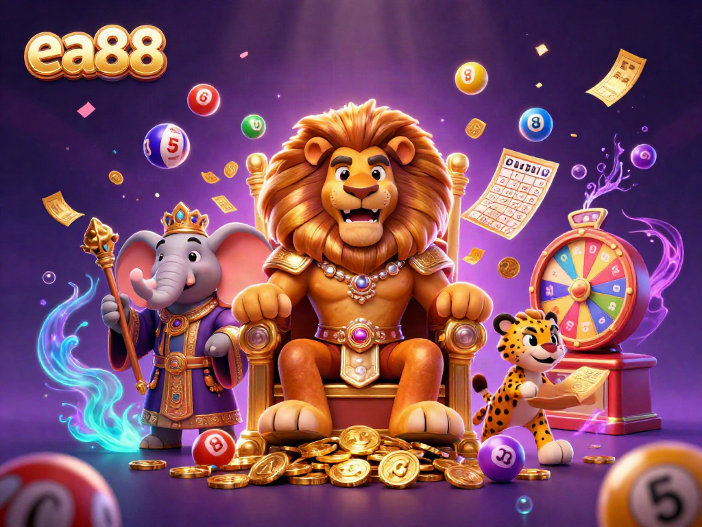 Experience the thrill of ea88 with a vibrant 3D casino scene filled with jackpots and dynamic elements.