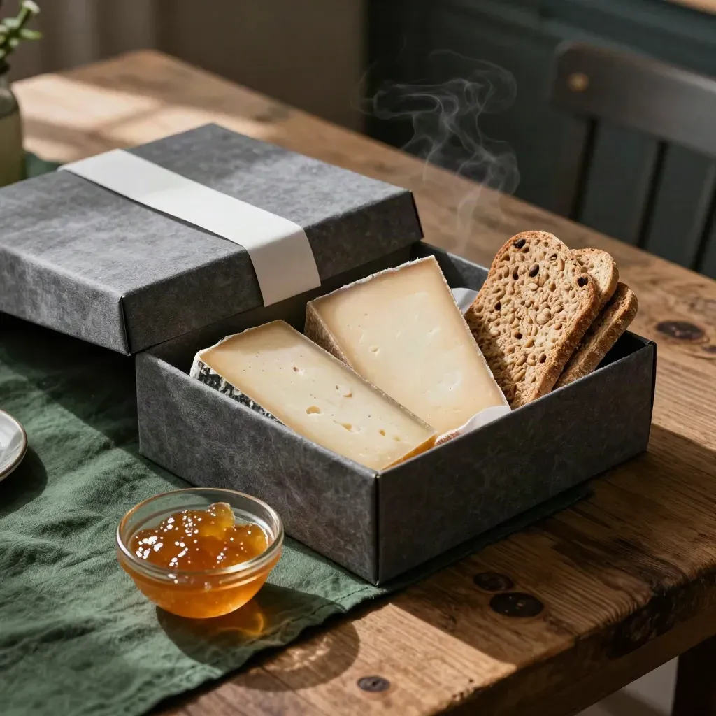 Helgpaket med tre ostar, knäcke och marmelad i en öppen gåvoask på köksbord