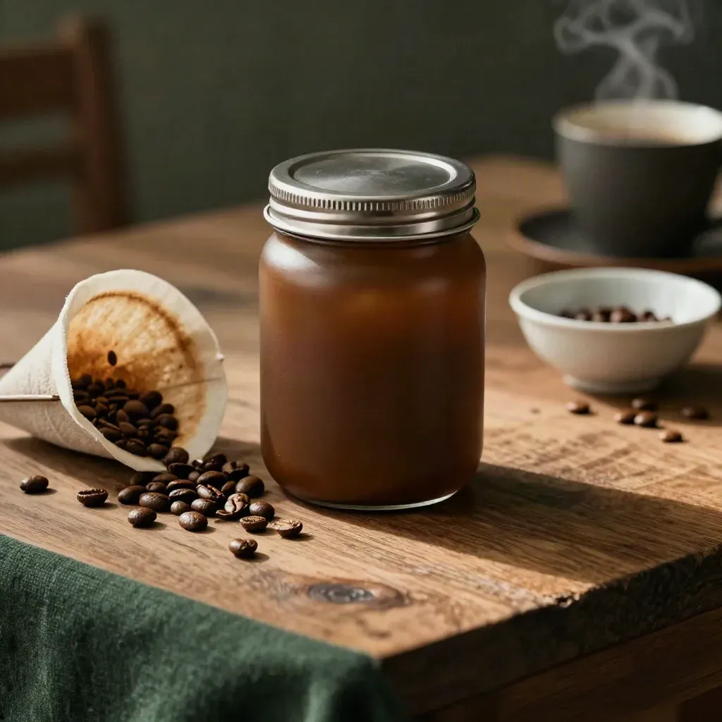 Bryggkaffeburk med bönor, filterkona och porslinsskål på oljat trä, med svag ånga.