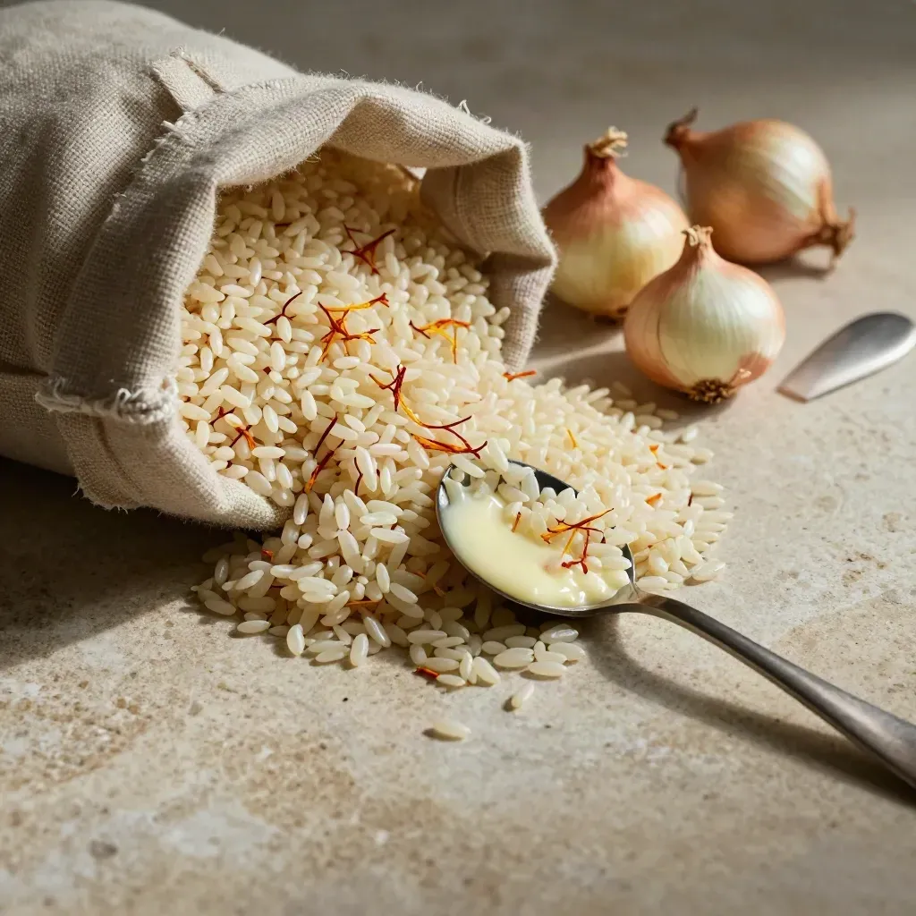 Safranrisotto i linnesäck med ris, schalottenlök, saffran och sked på ljus sten
