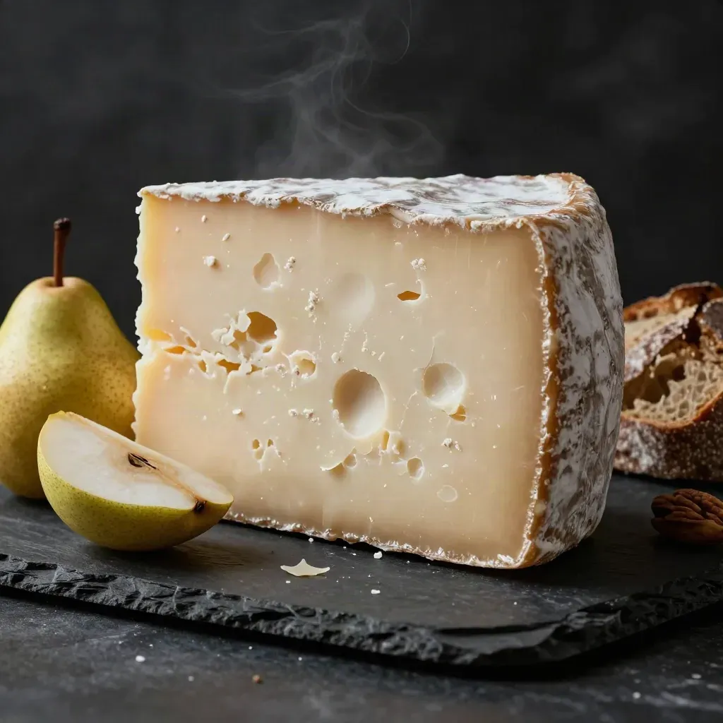 En lagrad Prästost i kil med päronhalva och bröd på mörk sten, dramatisk sidoljus.