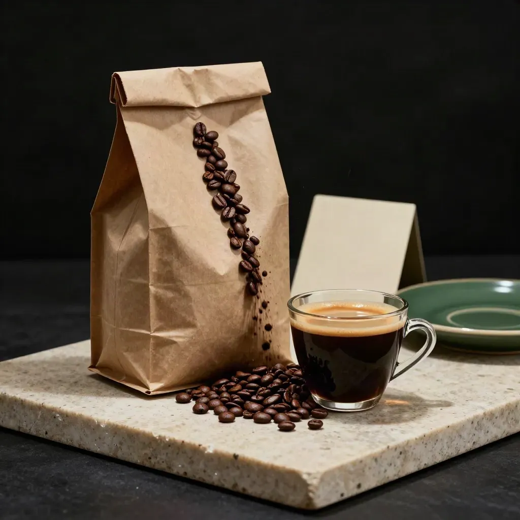 Espressokaffe i obrandad påse med bönor, kopp och kvarnsten på kalksten.