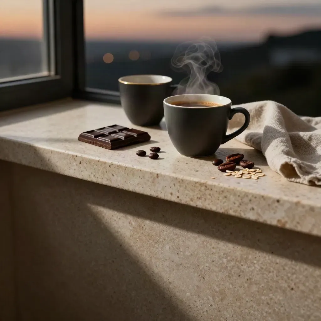 Kaffekopp, choklad och kakao på sten i varmt kvällsljus.
