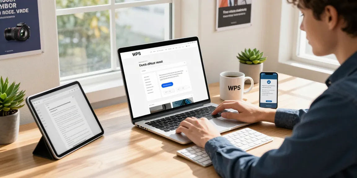 User interacting with the WPS Official Website on a modern laptop in a bright workspace, emphasizing productivity and collaboration.