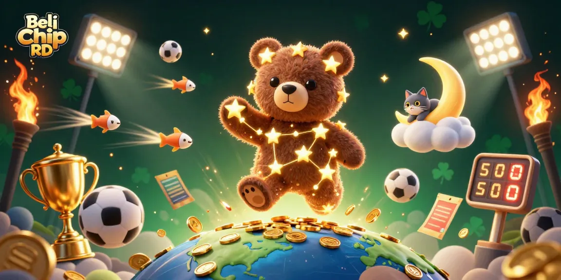 Beli Chip RD dengan cepat dan aman, ilustrasi 3D yang menampilkan karakter bintang dan koin permainan.