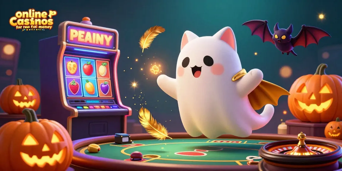 Engage with online casinos for real money australia through a vibrant casino scene featuring a ghost cat and bat.